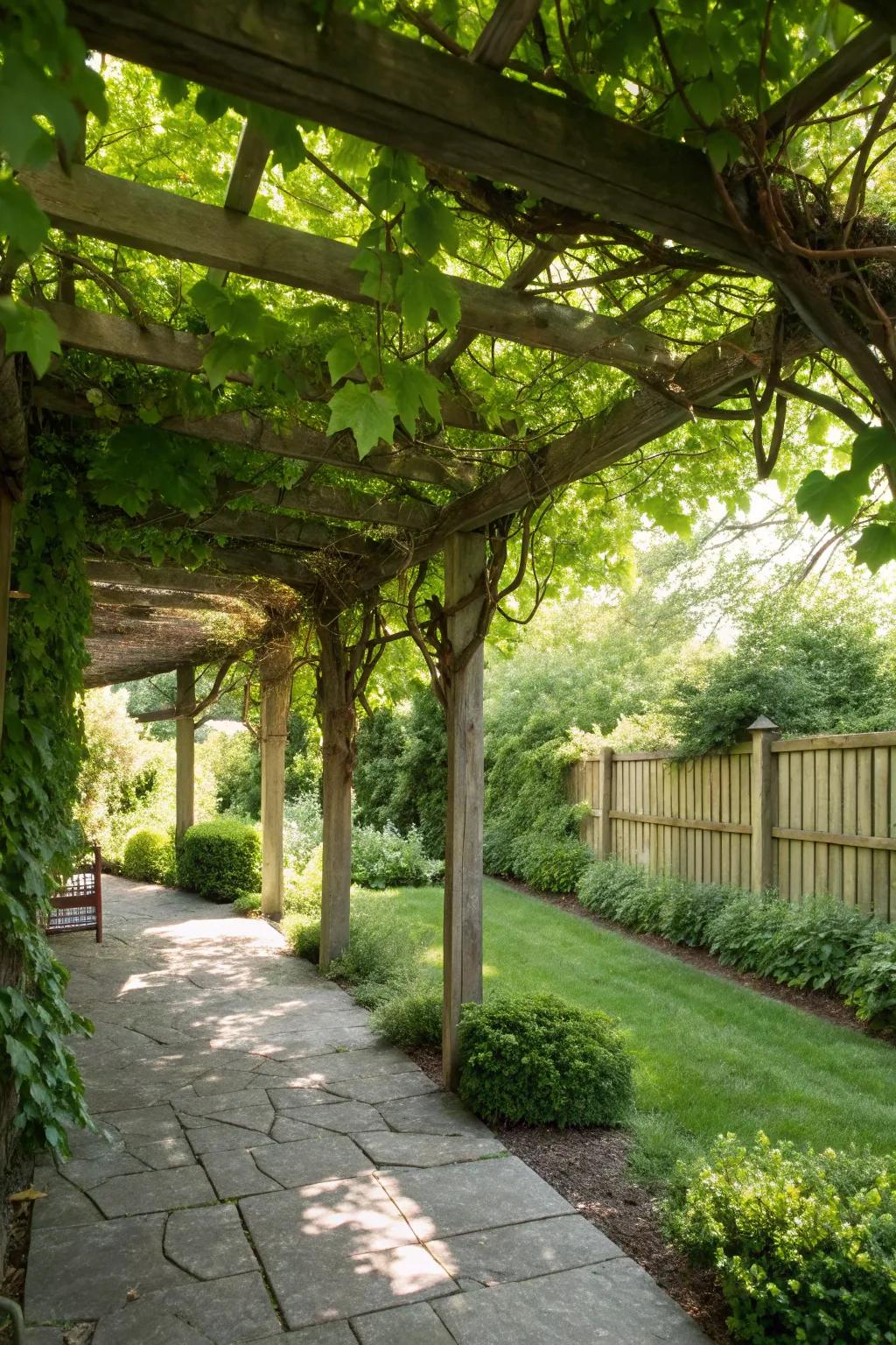 A pergola with vines crafting a beautiful and functional property divider.