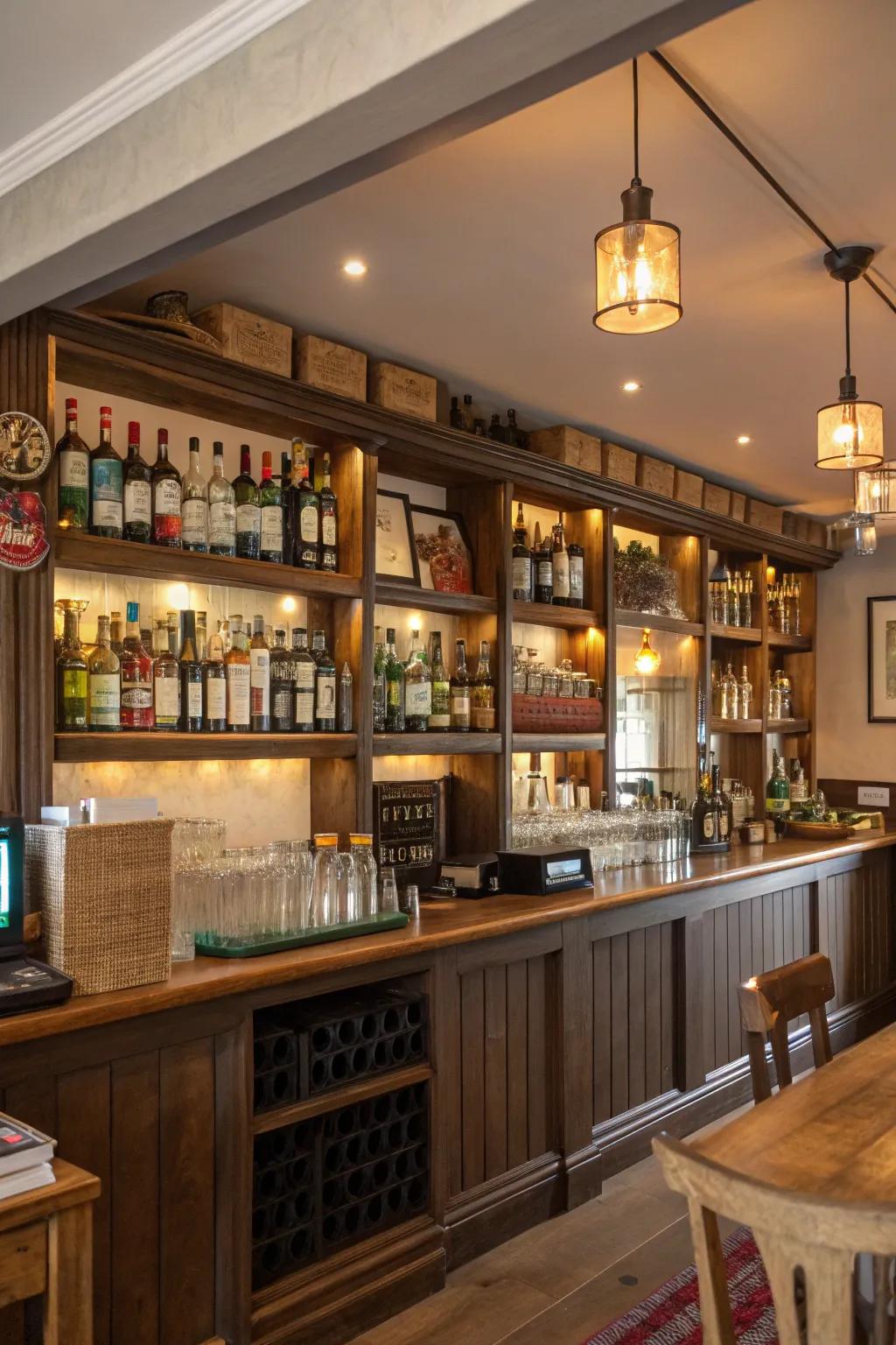 Open shelving adds practicality and style to your pub setup.