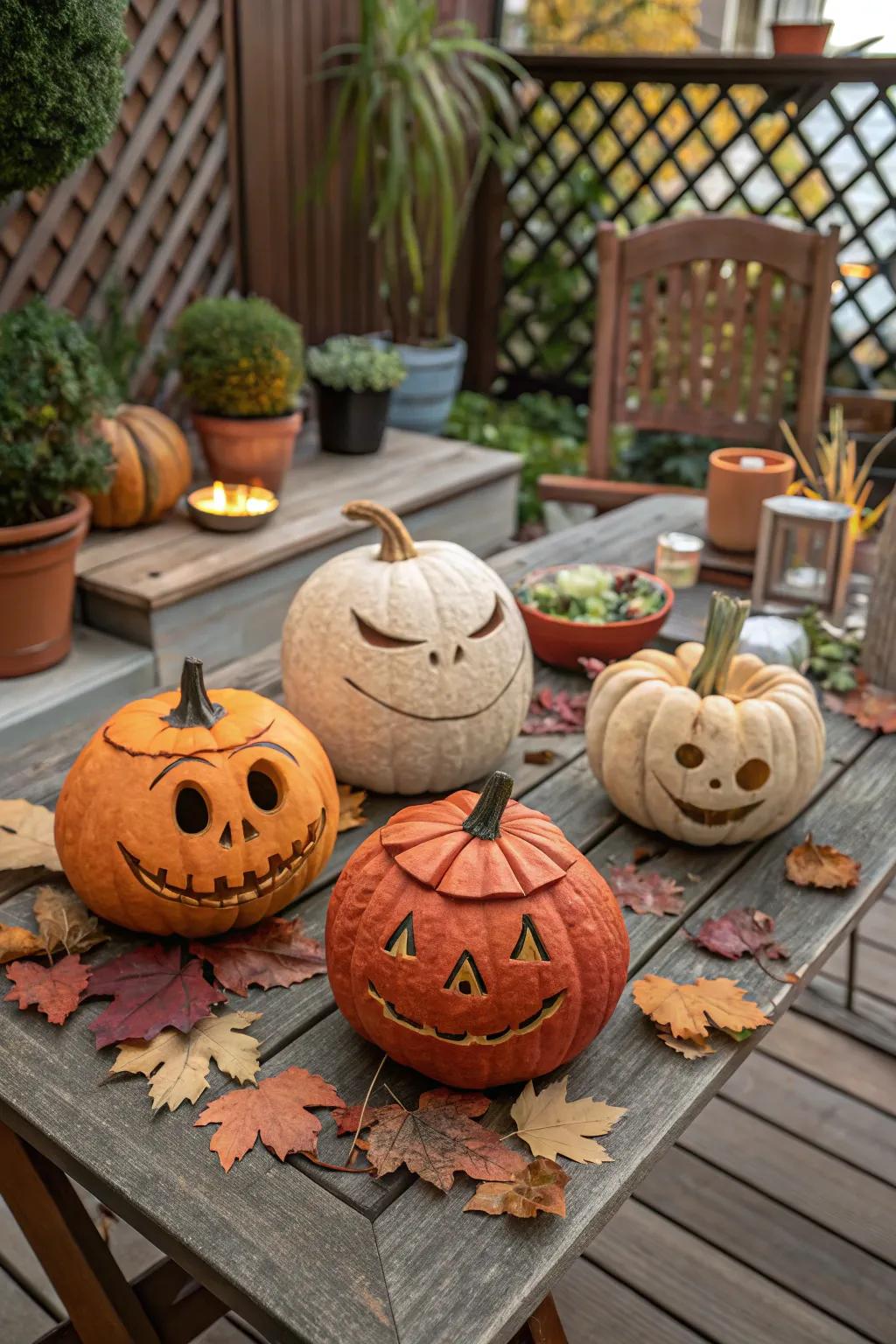 Pumpkins exhibiting expressive clay visages.