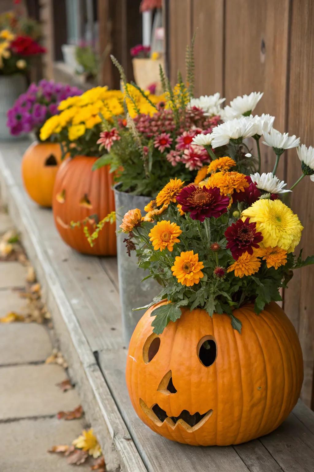 Squashes creatively used as vases for a stunning floral display.