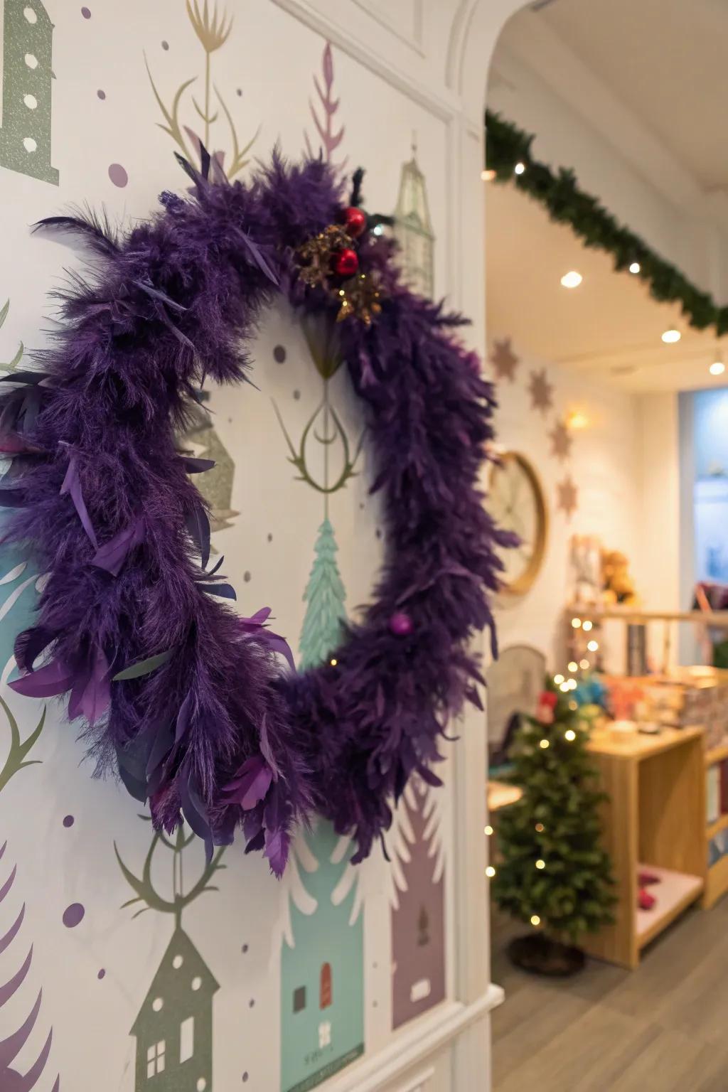 Purple feathers add a whimsical fantasy touch.