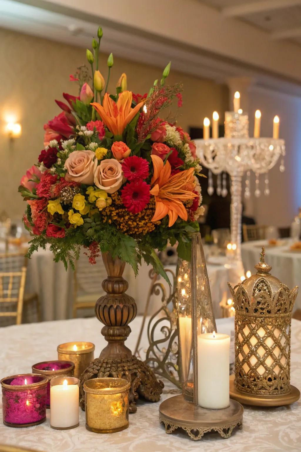 Elaborate centerpieces enhance table elegance.