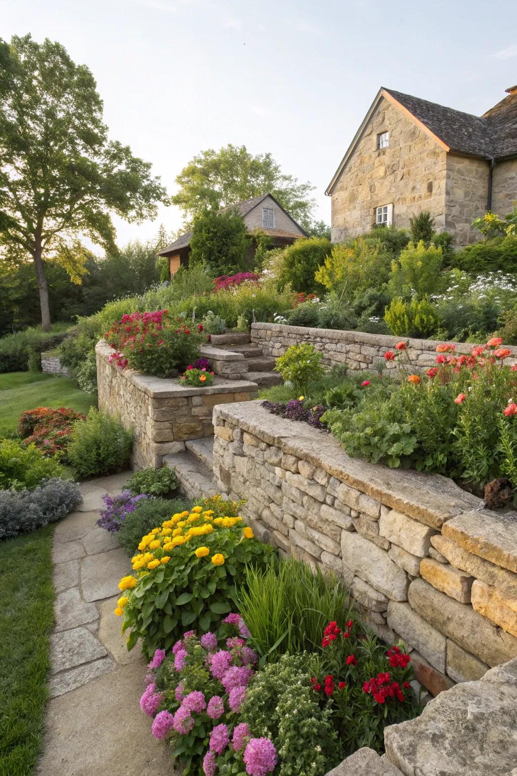 Rustic rock walls infusing charm and texture into a raised ranch garden.