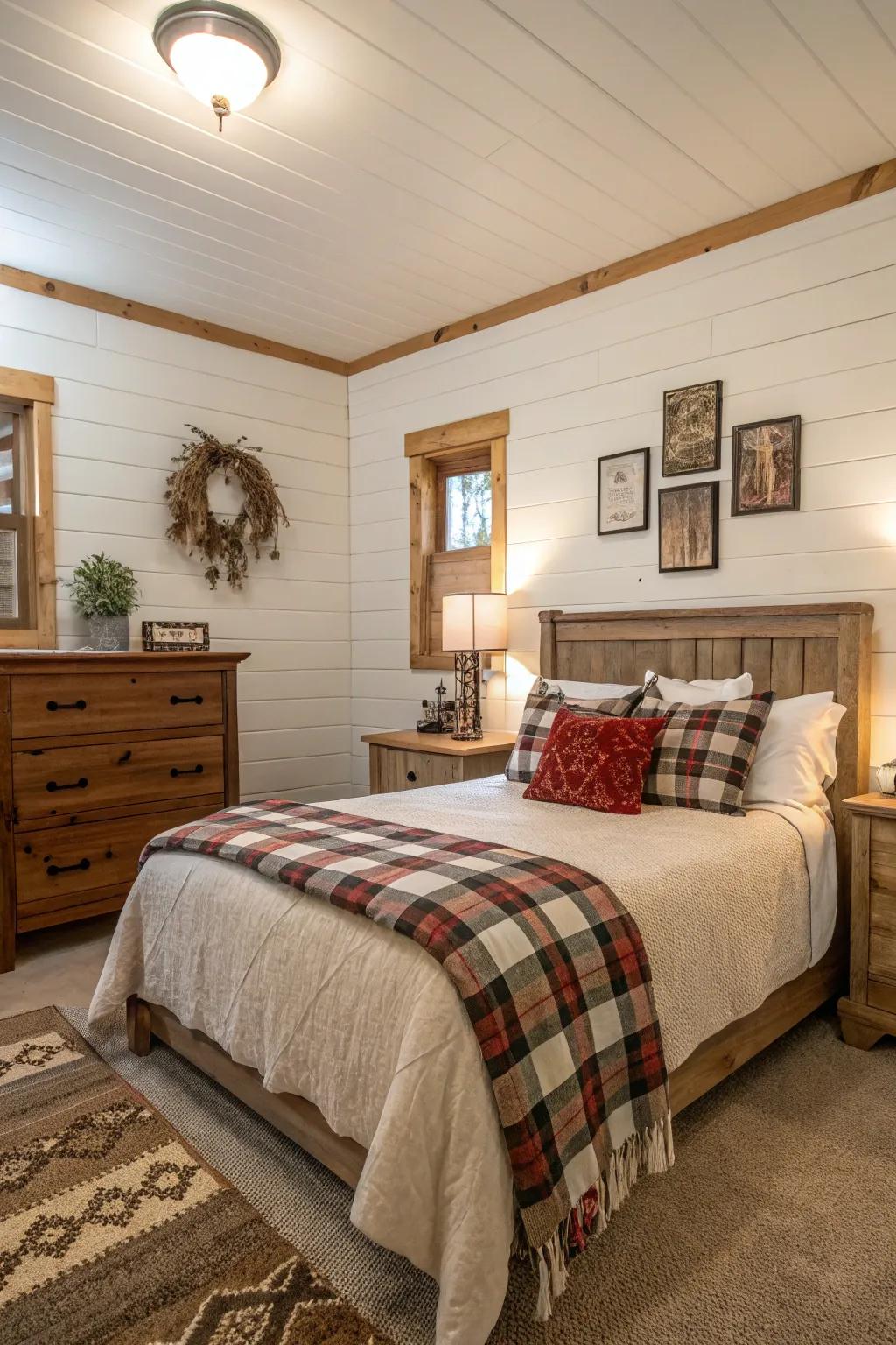 A bedroom featuring shiplap walls and countryside decor.
