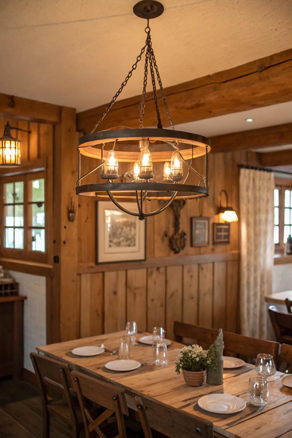 Rustic lighting enhances the ambiance and character of the space.
