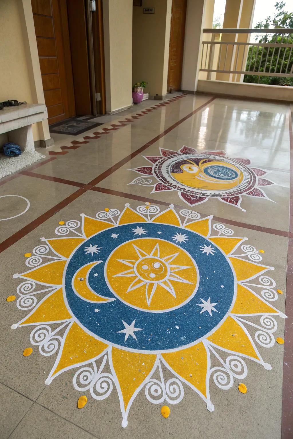 Celestial designs bring an enchanting touch to this nature-inspired rangoli.