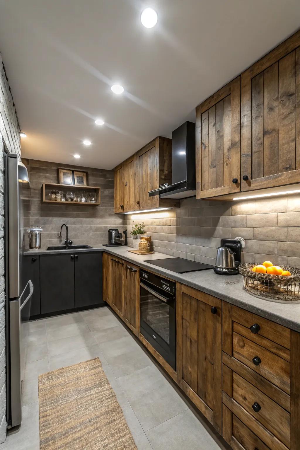 Contrast and lighting enhance depth in the kitchen's design.