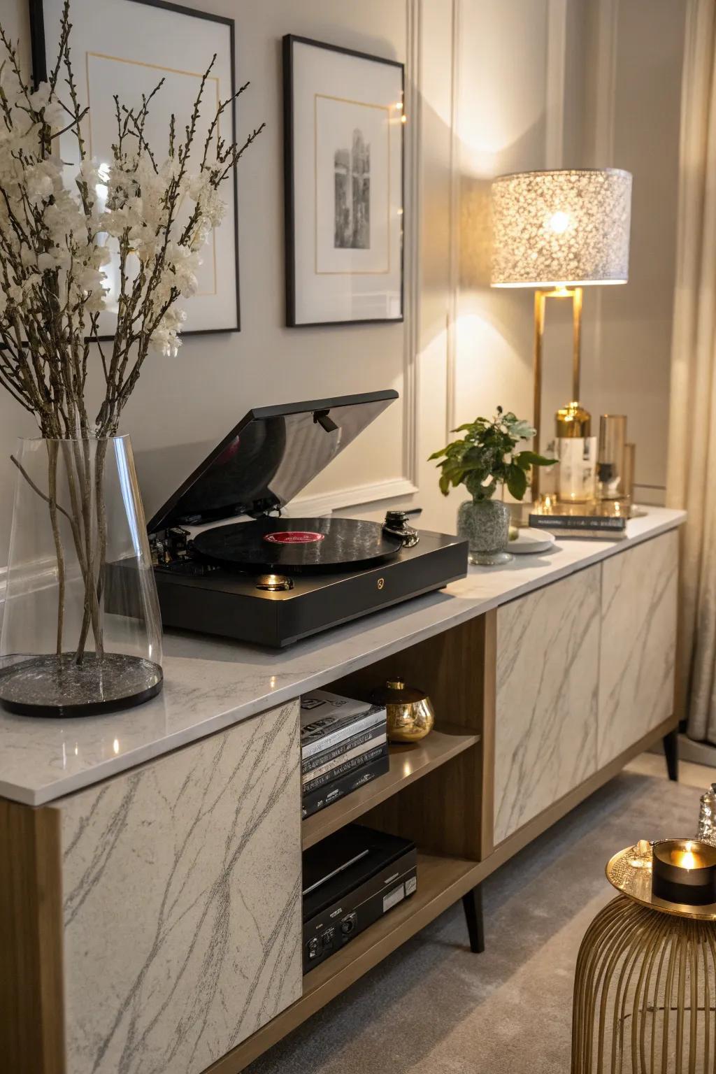 Understated elegance in a record player space.