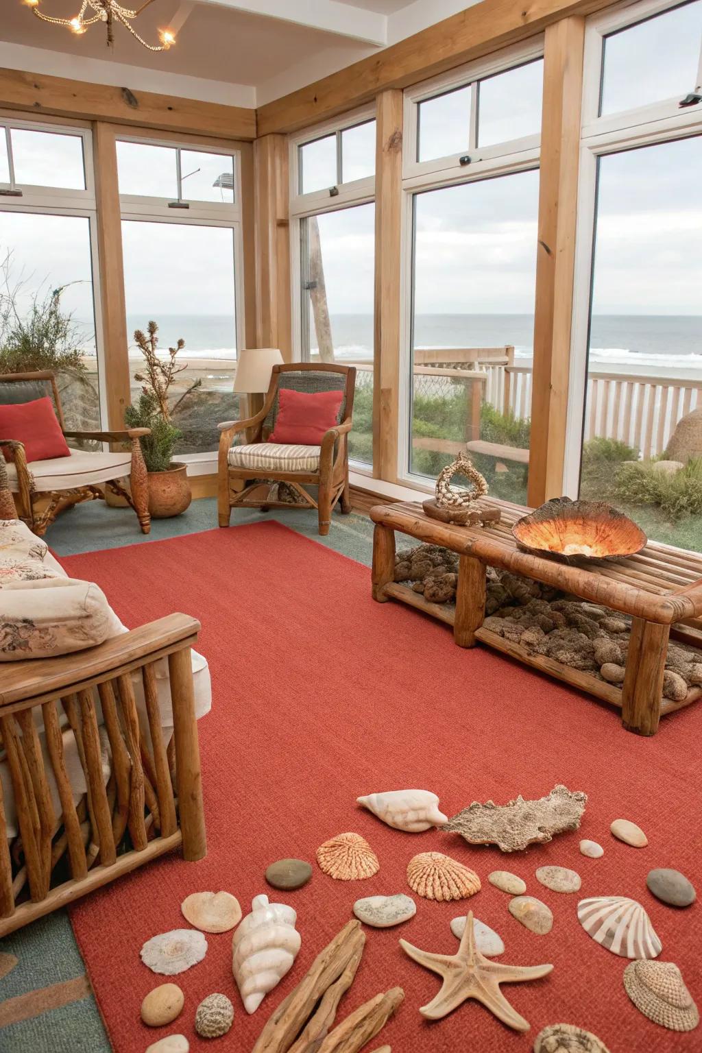 A coral scarlet floor covering brings a unique seaside theme to life.
