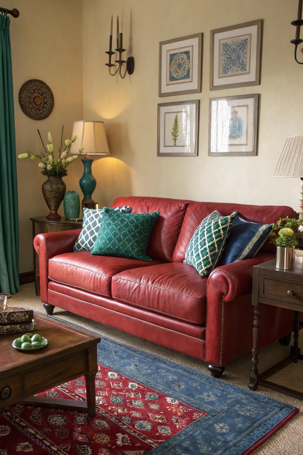 Opposing hues impart a vibrant and dynamic sensation to a living space featuring a scarlet hide settee.