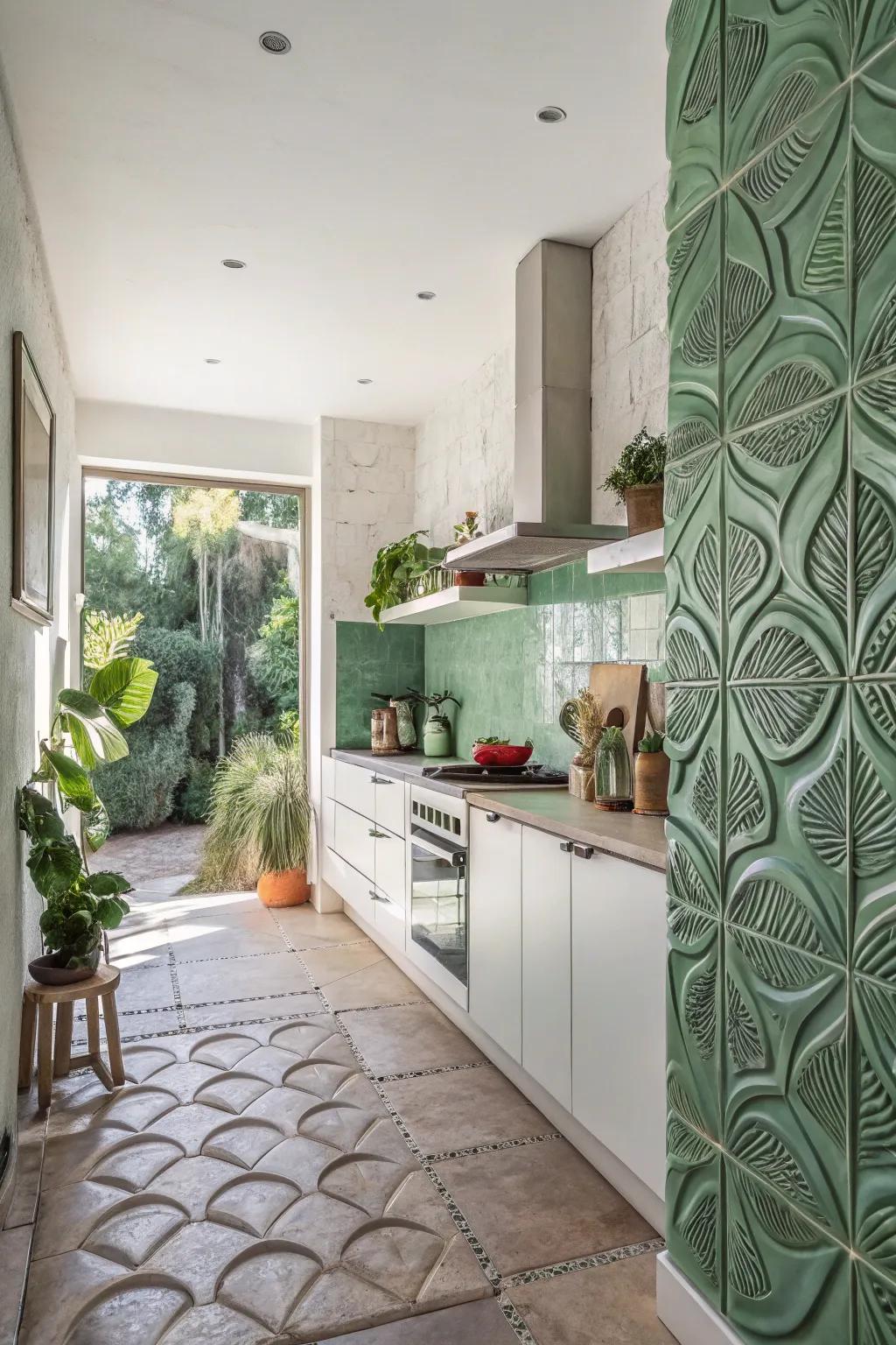 Botanical textured tiles evoke a revitalizing vibe to the cooking area.