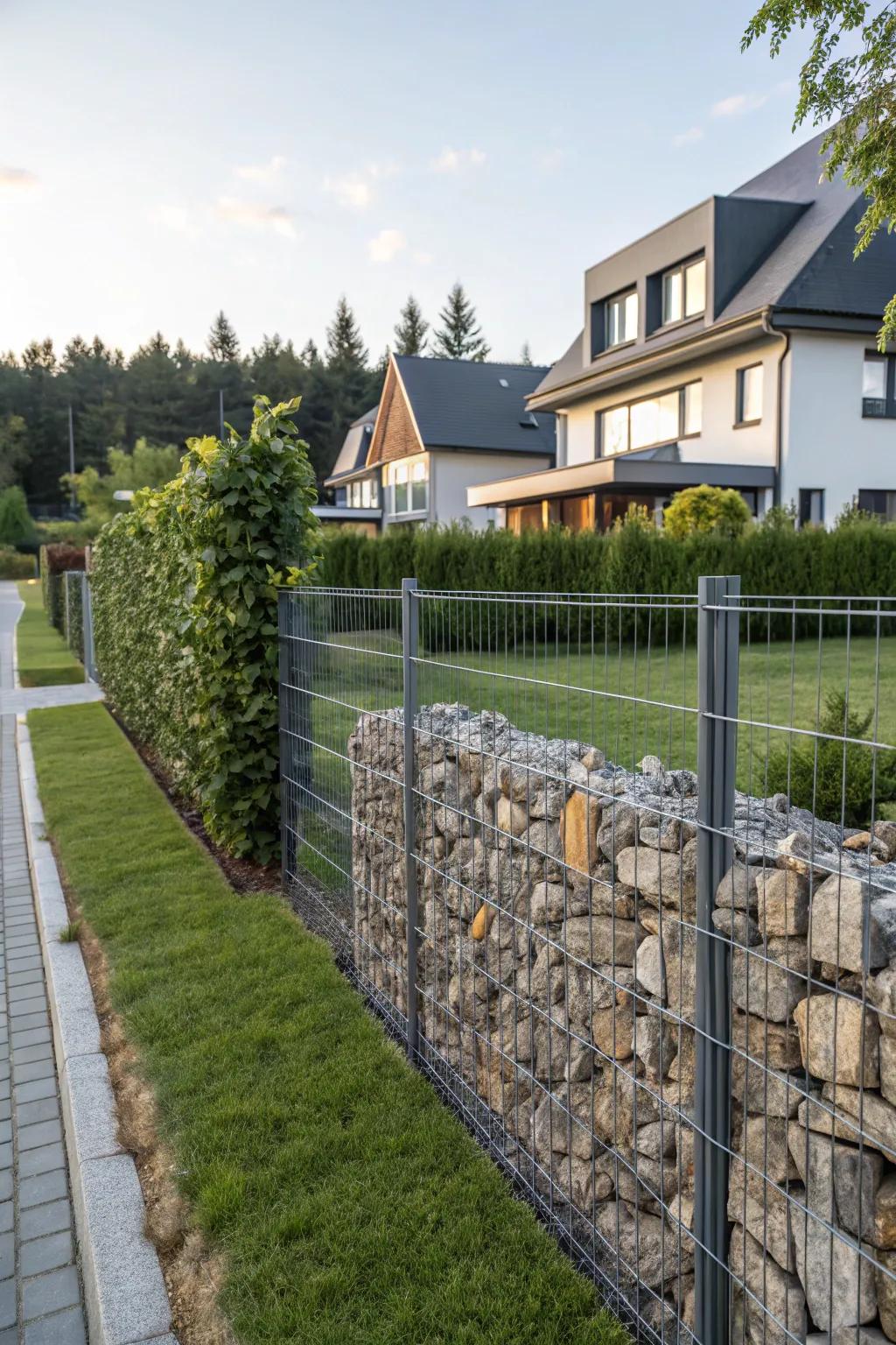 Rock basket walls fuse raw materials for a textural and resilient fence.