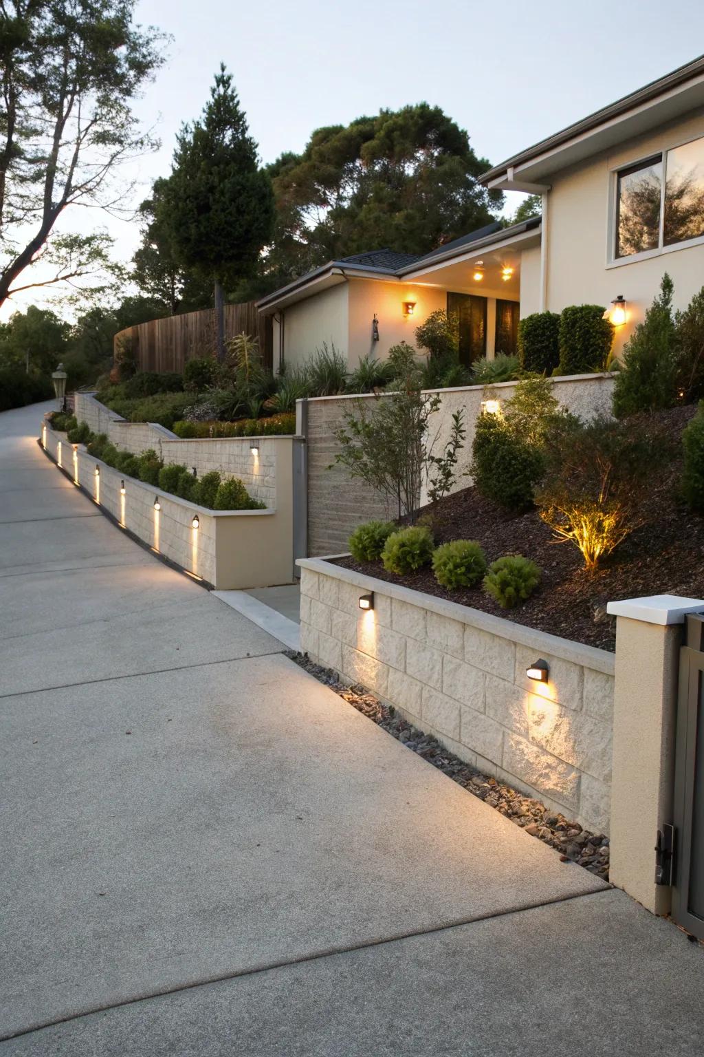A residential driveway elegantly framed by retaining walls, boosting curb appeal.