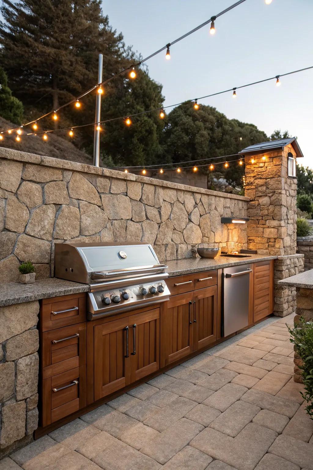 Transform your backyard into a stylish social center with a beautifully designed outdoor cooking area enclosed by a rustic retaining structure.