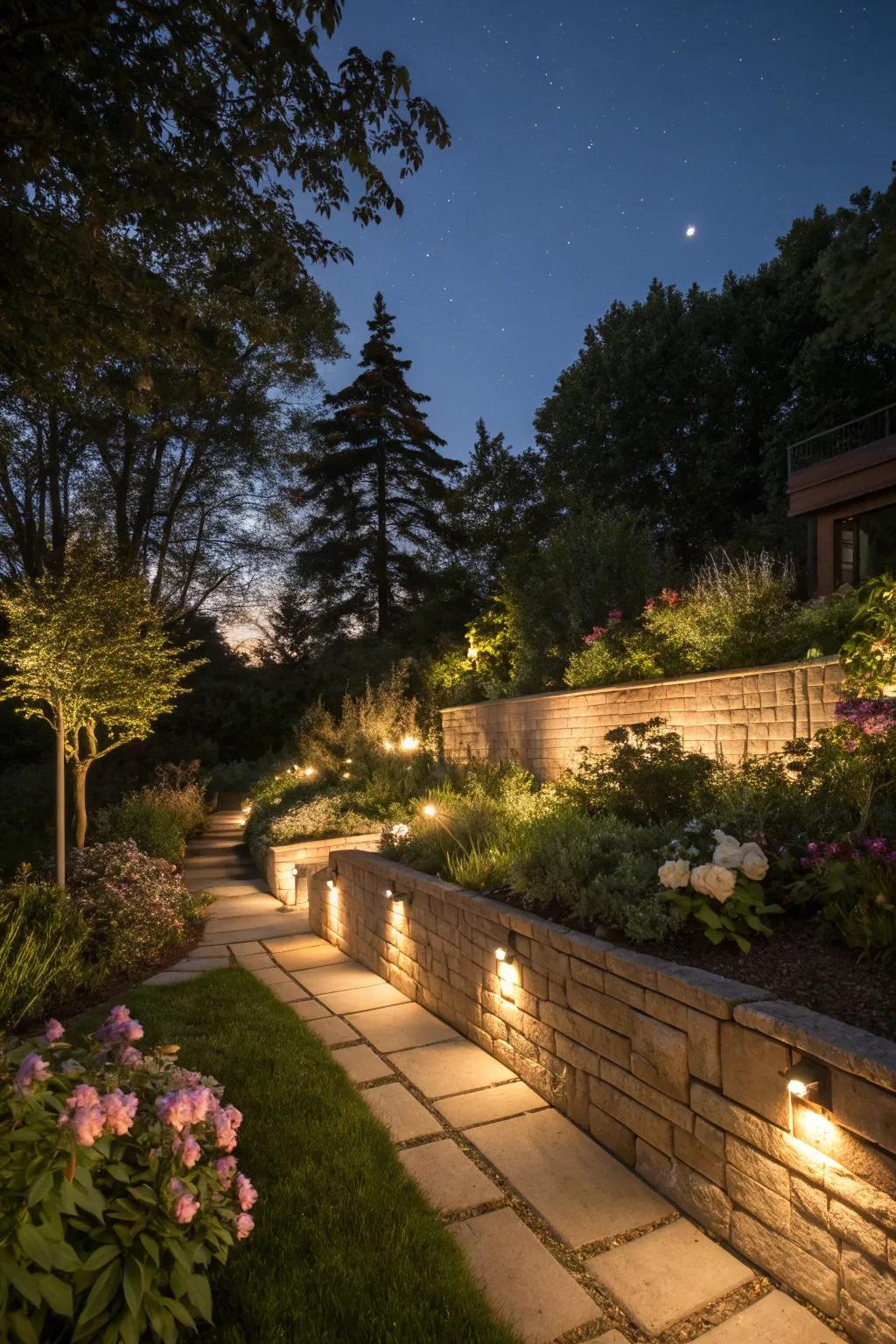 Light accents add flair and security to retaining walls.