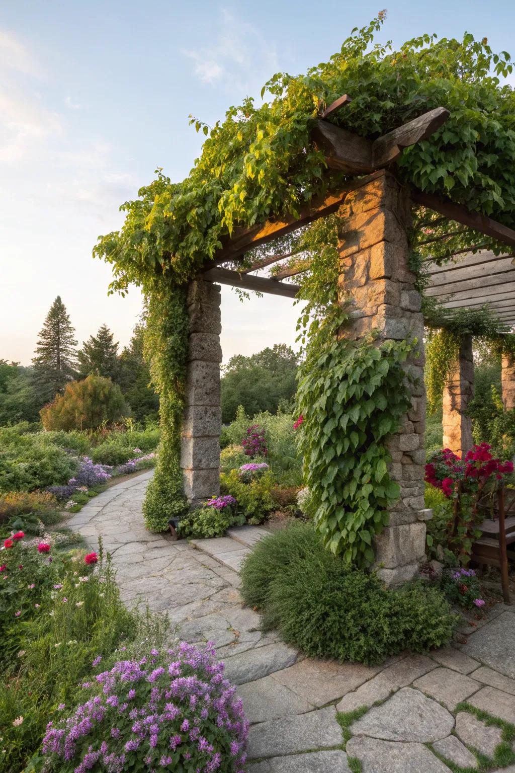 A stone pergola proffers umbrage and sustains vibrant verdure.