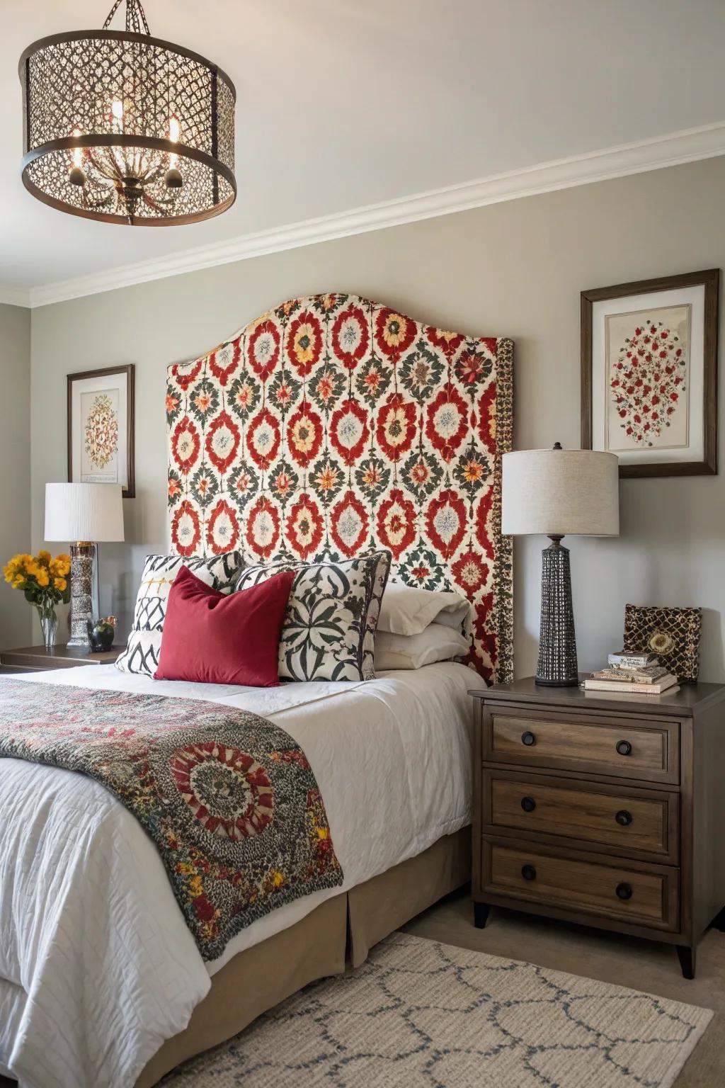 A statement headboard functions as a striking focal point.