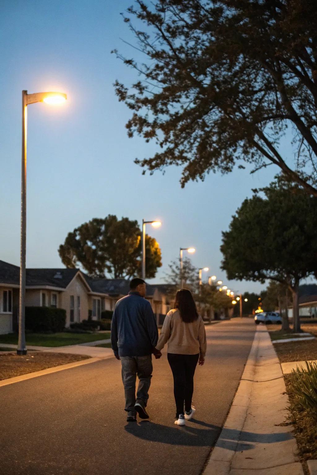 Appreciate a calming nighttime stroll with your partner.