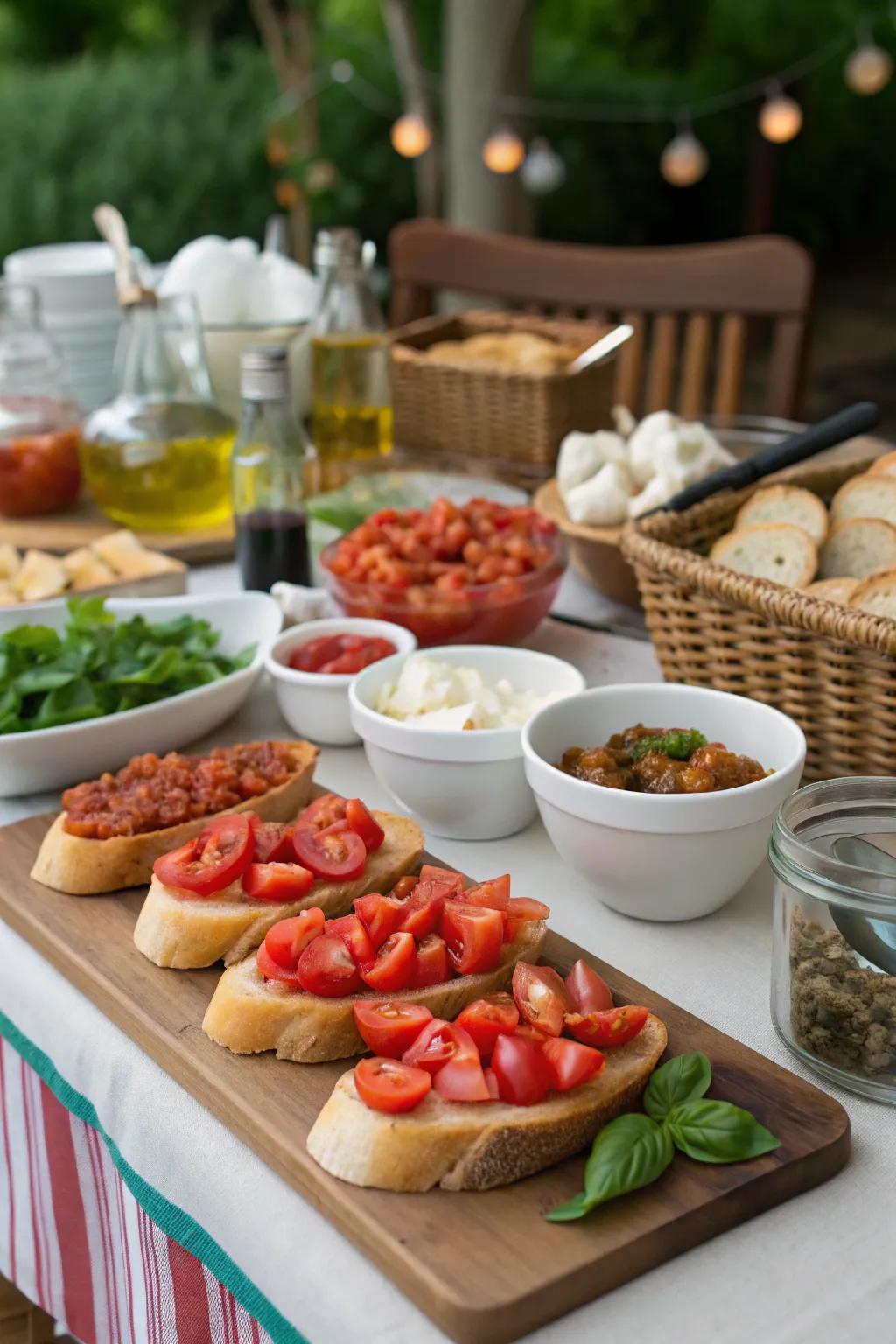 Kick off the evening with interactive appetizers like a DIY bruschetta bar.