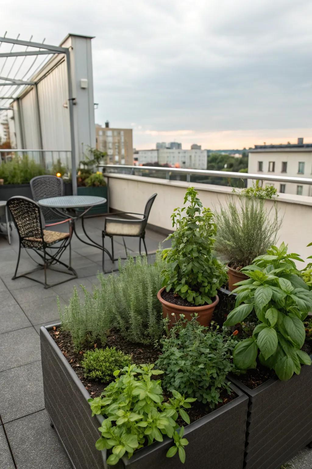 A miniature herb patch introduces practicality and aroma to your rooftop.