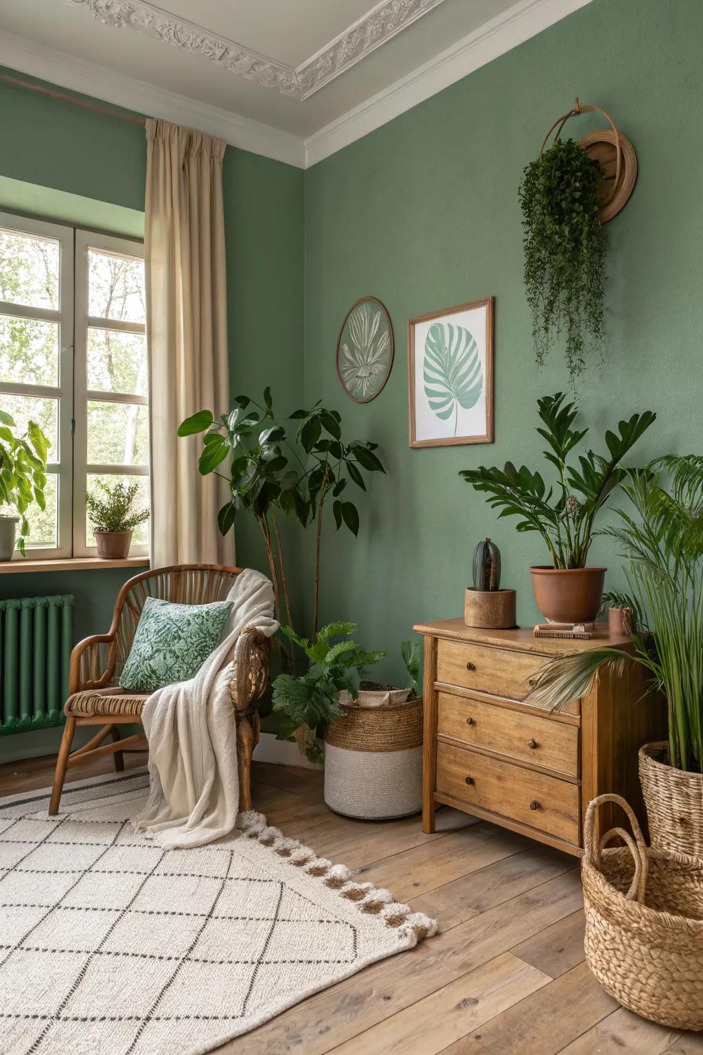 Muted greens infuse tranquility and an impression of nature indoors.