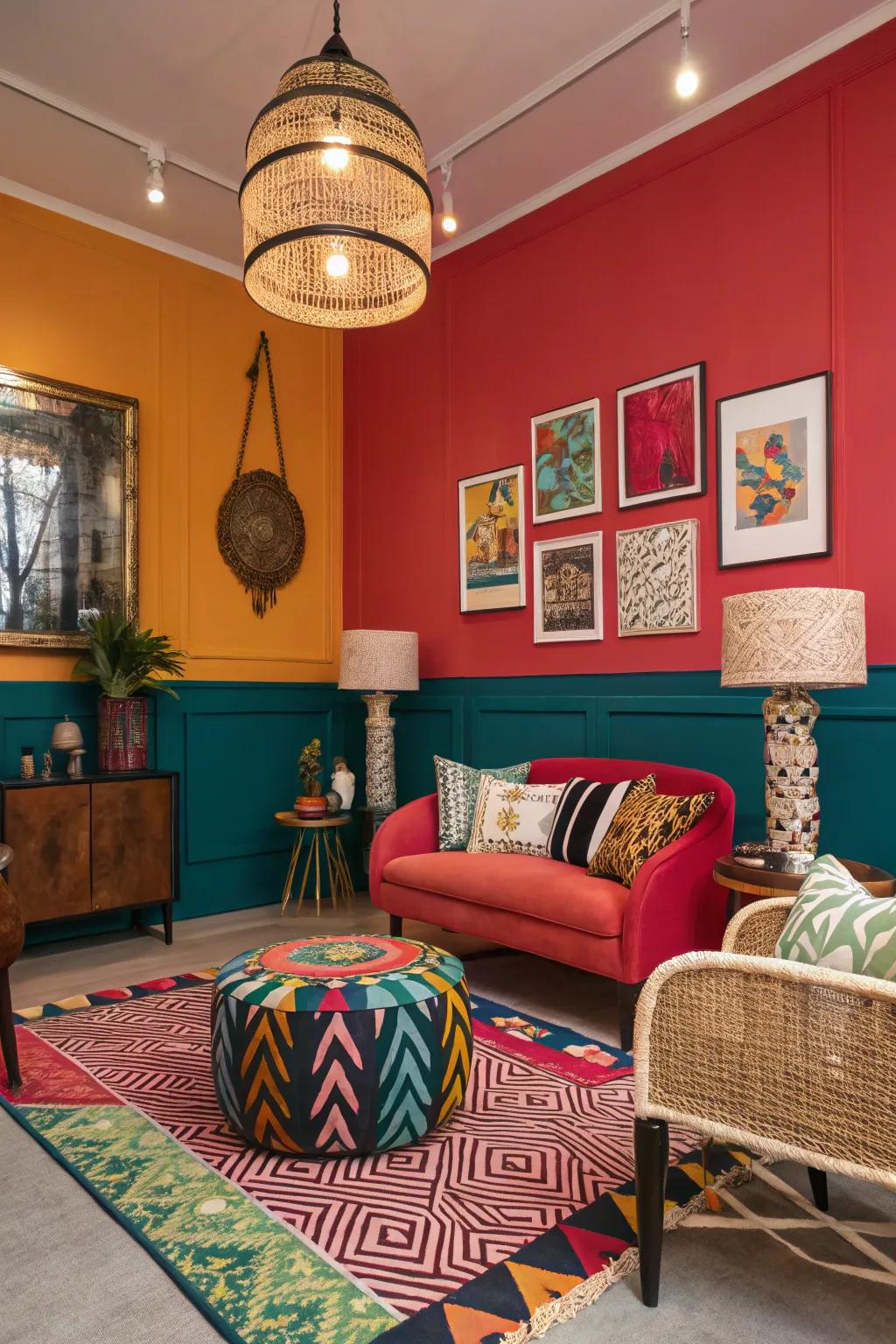 A vibrant room featuring fearless and exciting shade choices.