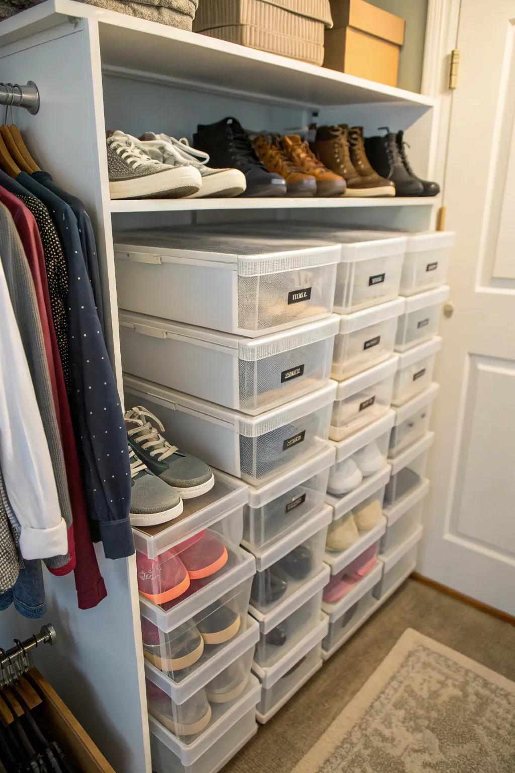 Stackable storage enhances space and keeps items organized.