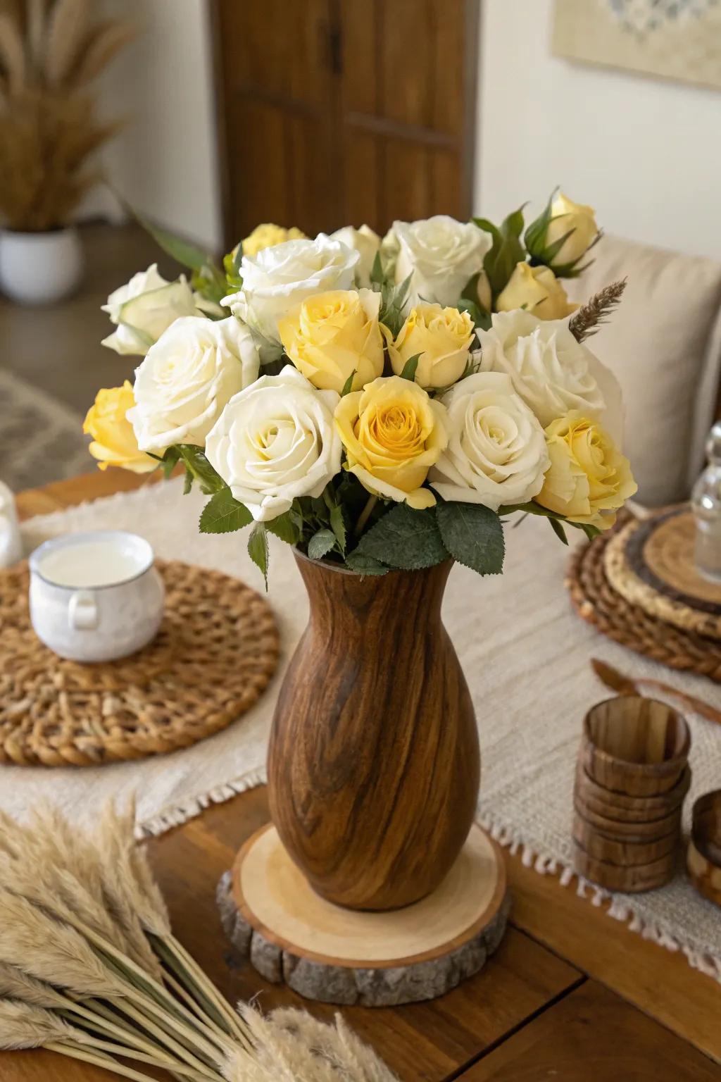 Inherent Warmth with Timber Vase and Roses