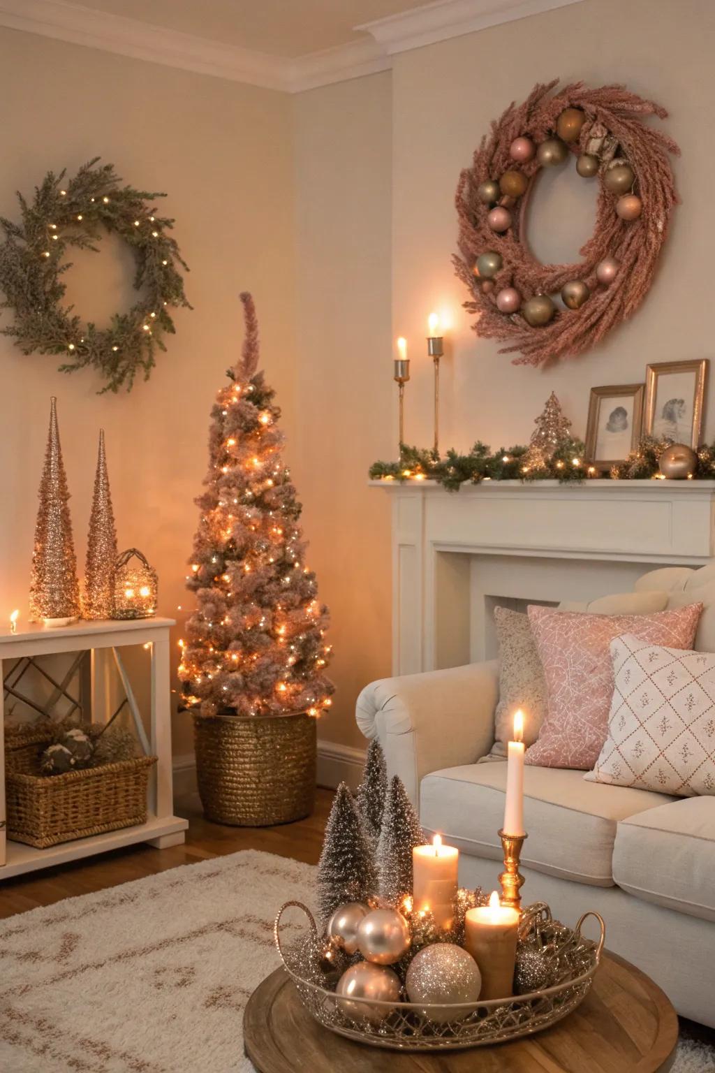 Seasonal elements in sunset sheen renew the room.