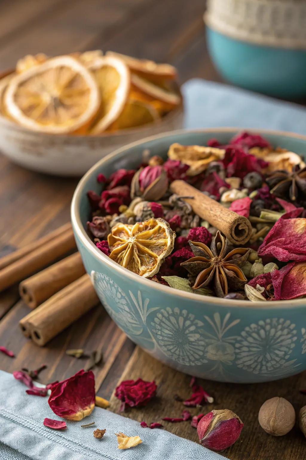 A fragrant mixture crafted from desiccated floral adornments