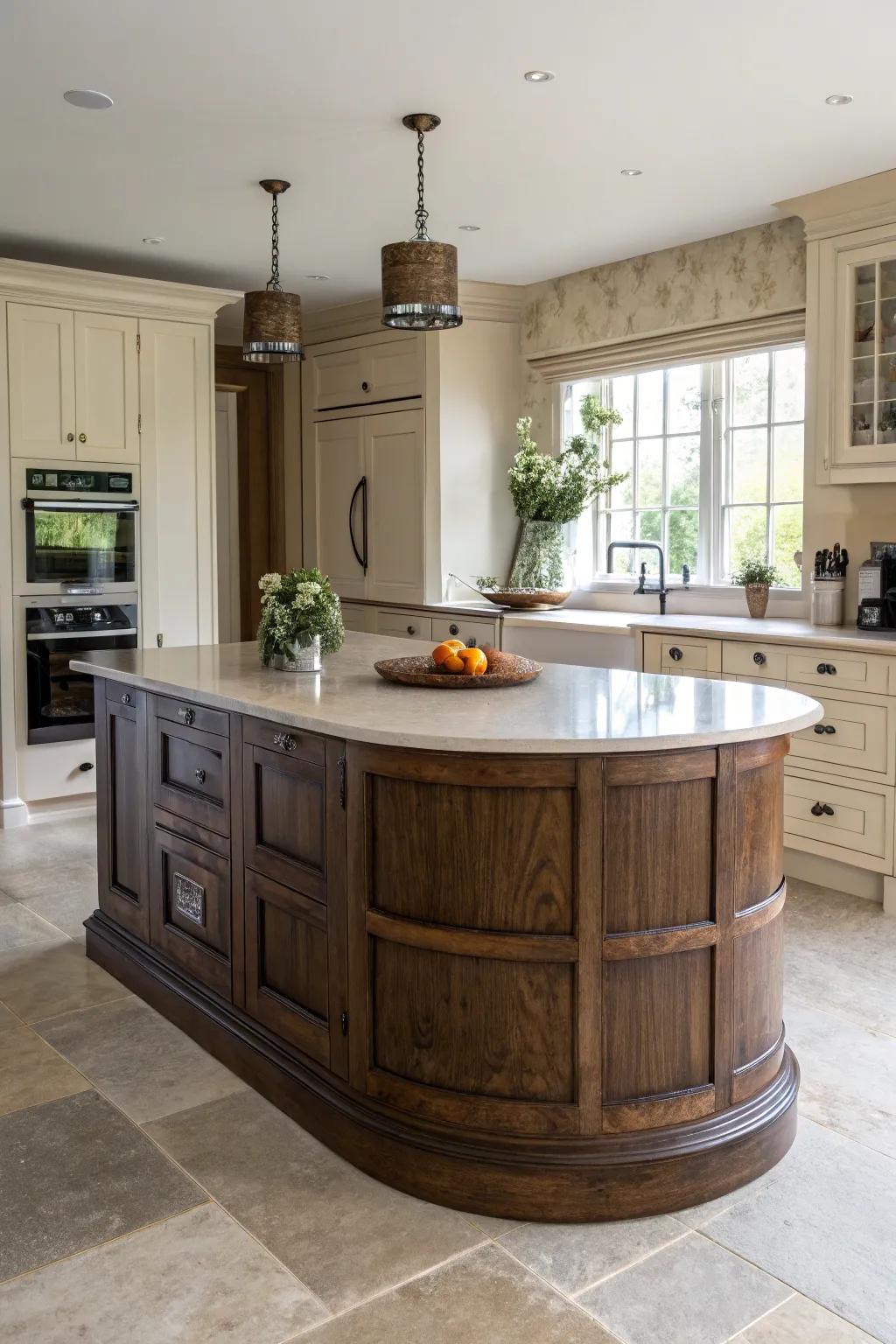 Unusual shapes introduce a cutting-edge flair to a circular kitchen island.