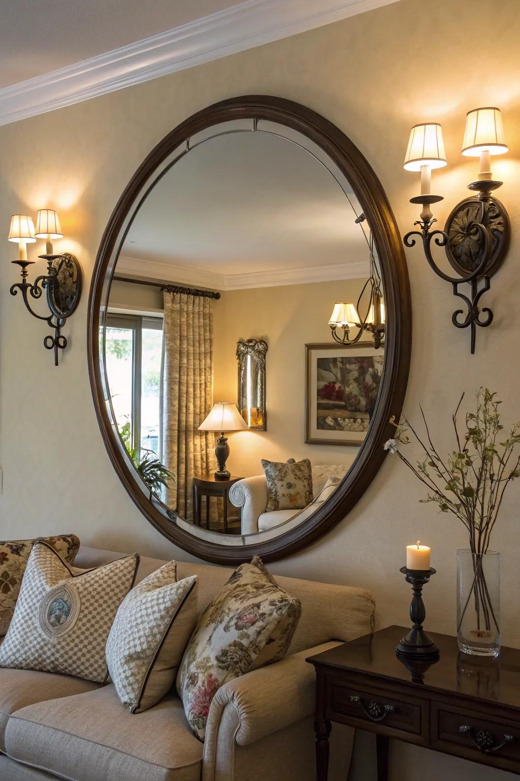 Lighting enhances the allure of a circular mirror in a living room.