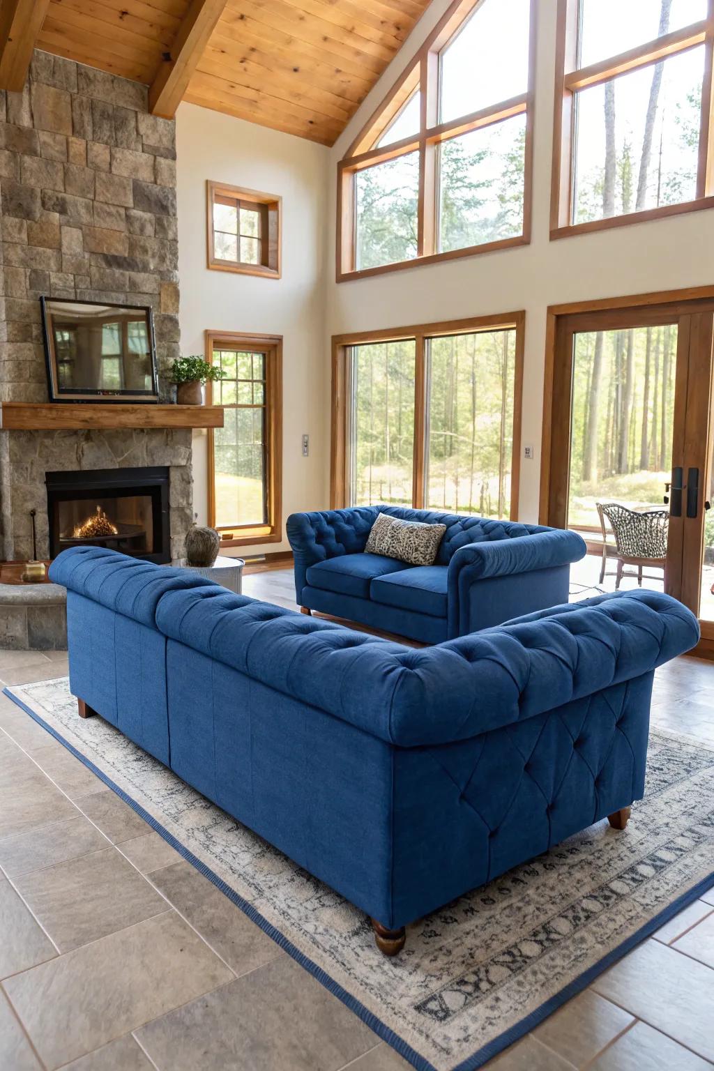 An unobstructed layout with the sapphire-colored couch as a focal point enhances the room's spacious feel.