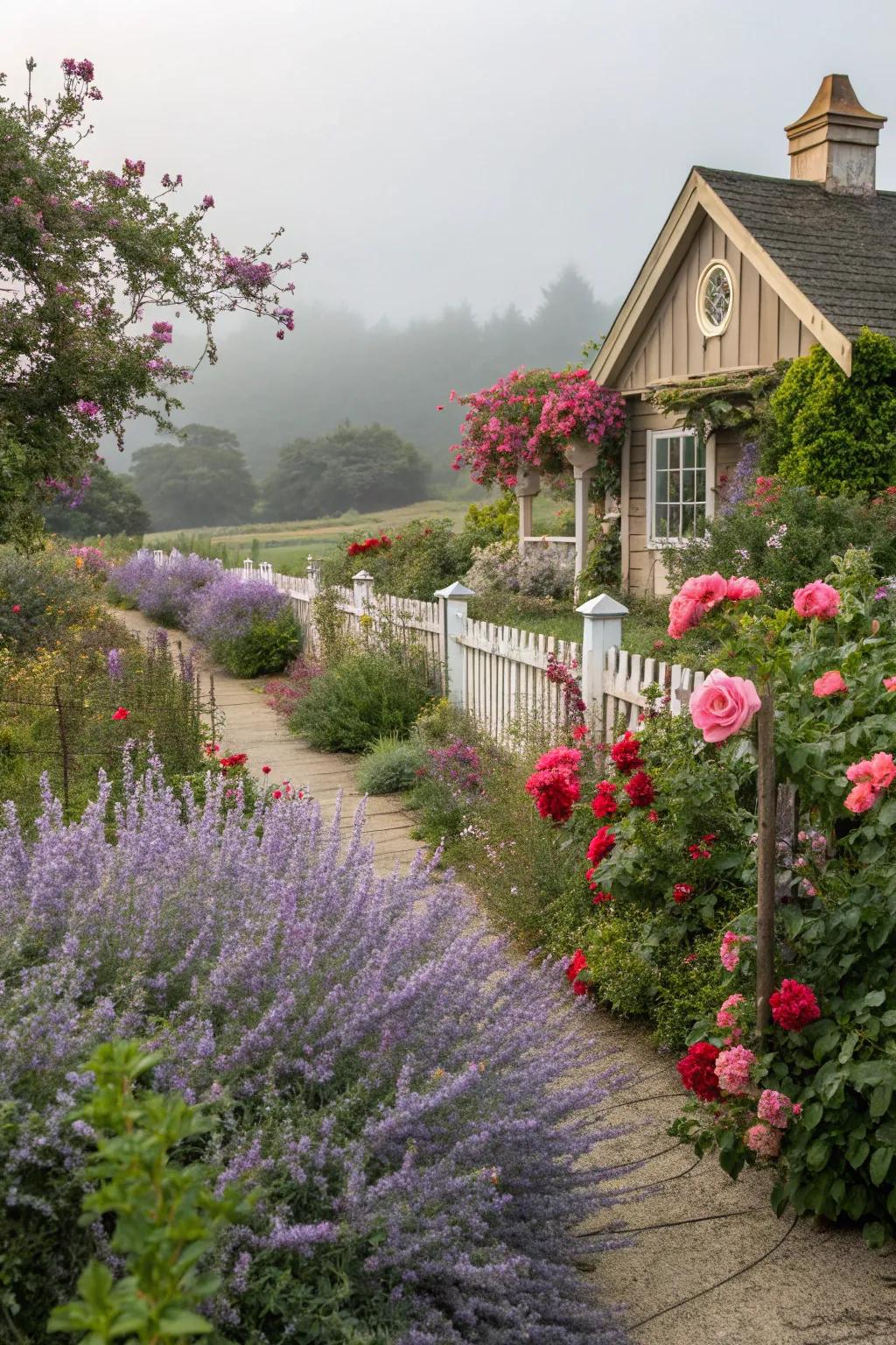 A romantic cottage garden displaying Azure blooms and roses.