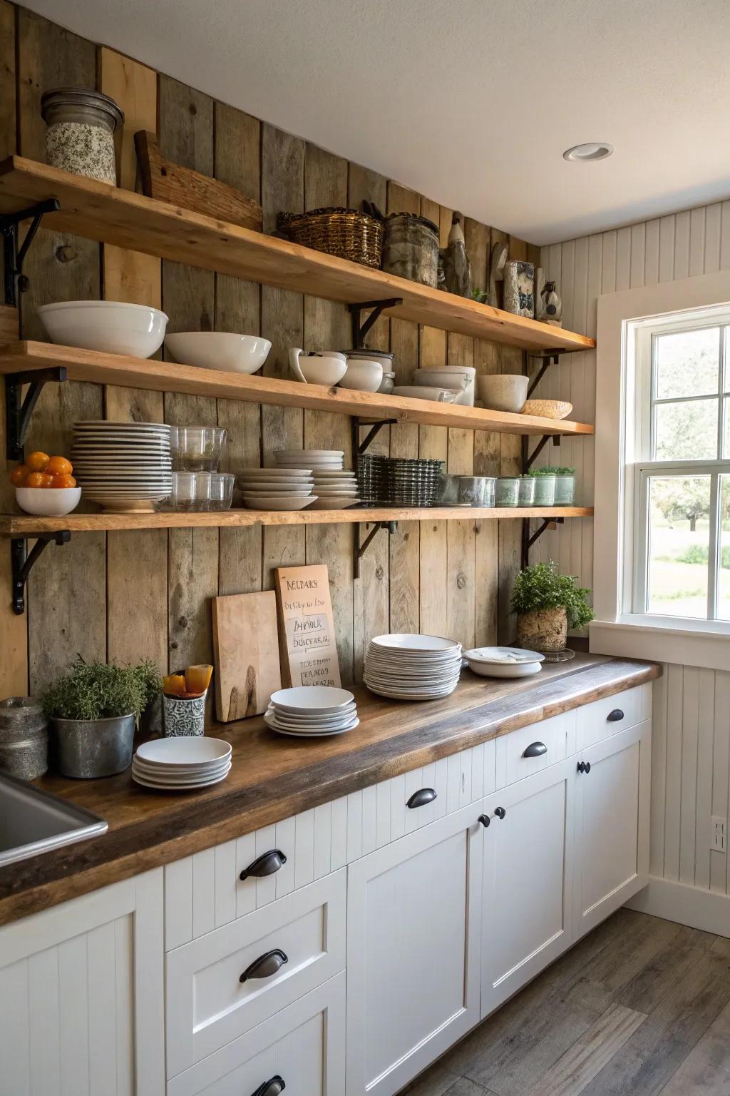 Visible shelving enhances the rustic charm of the kitchen.