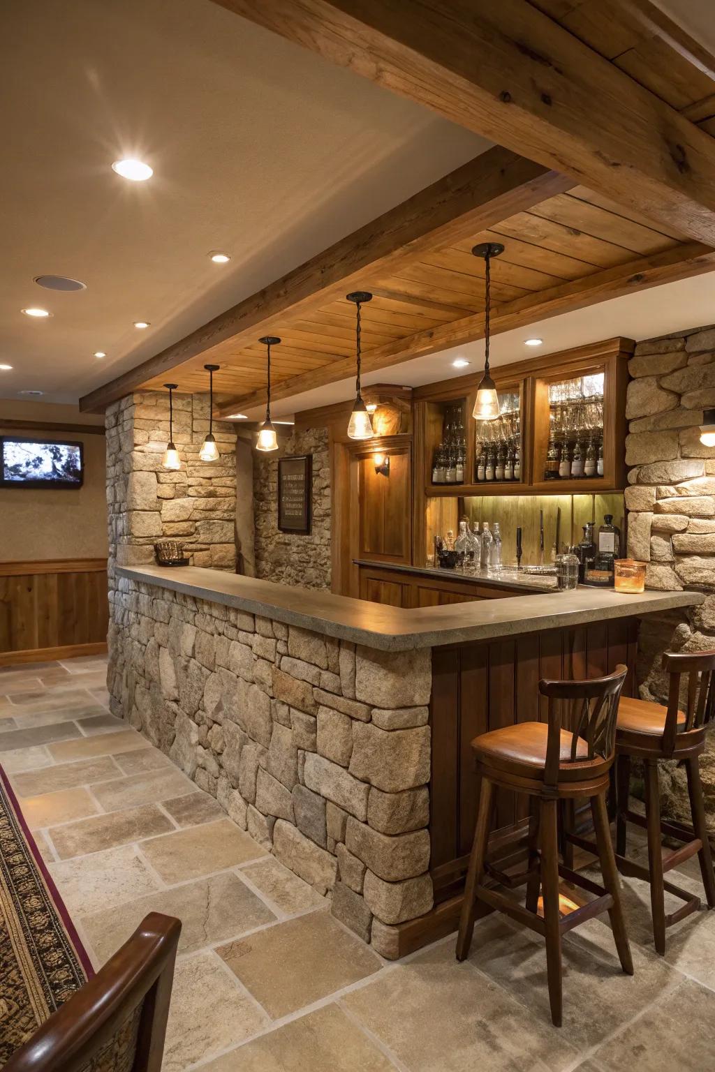Natural rock bar front contributing an organic touch to the space.