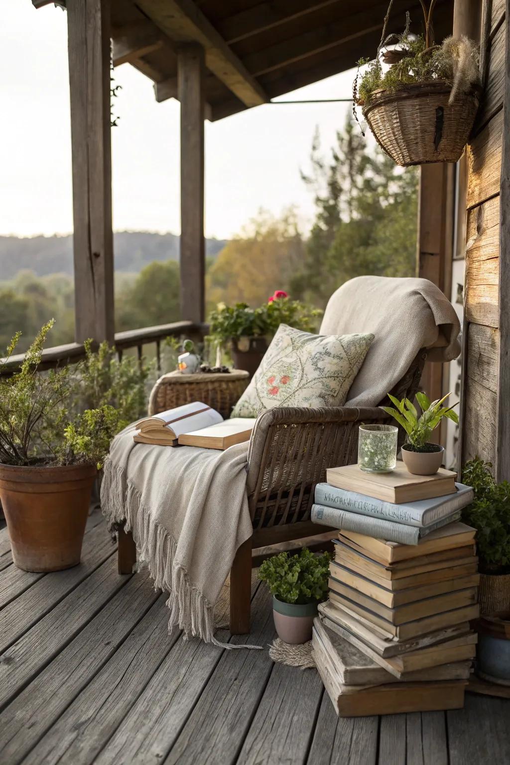 On this countryside patio, a perusing alcove is an impeccable sanctuary.
