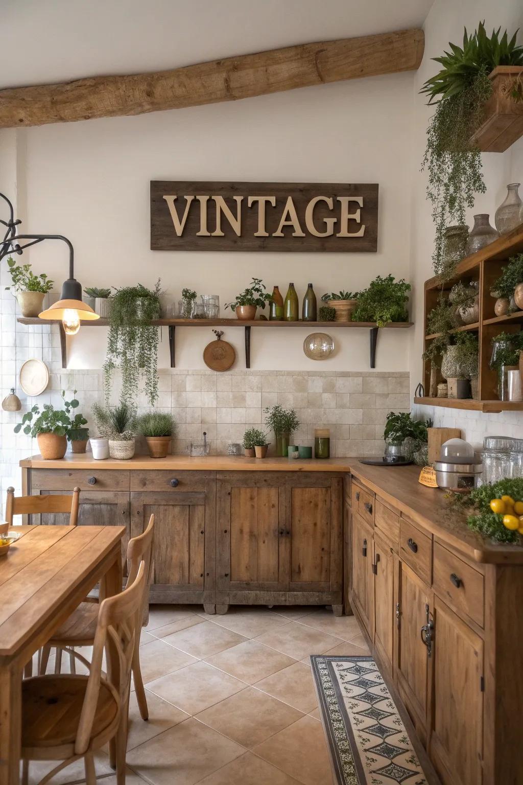 A kitchen enhanced by a charming classic sign.