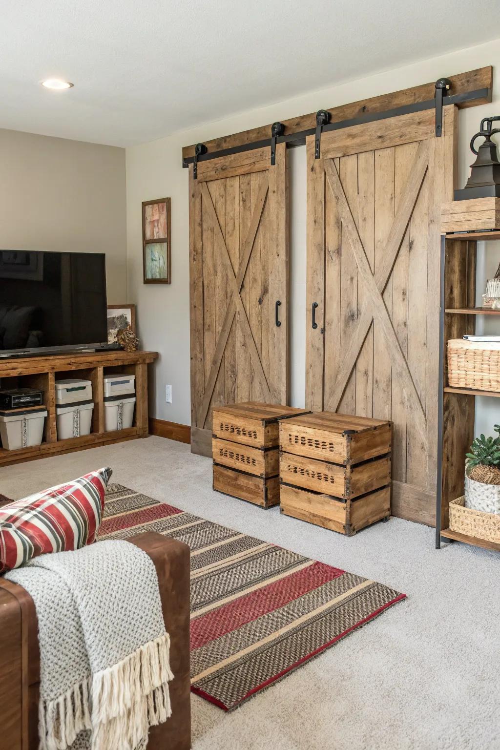 Farmhouse touches inject quaint appeal to the family room.