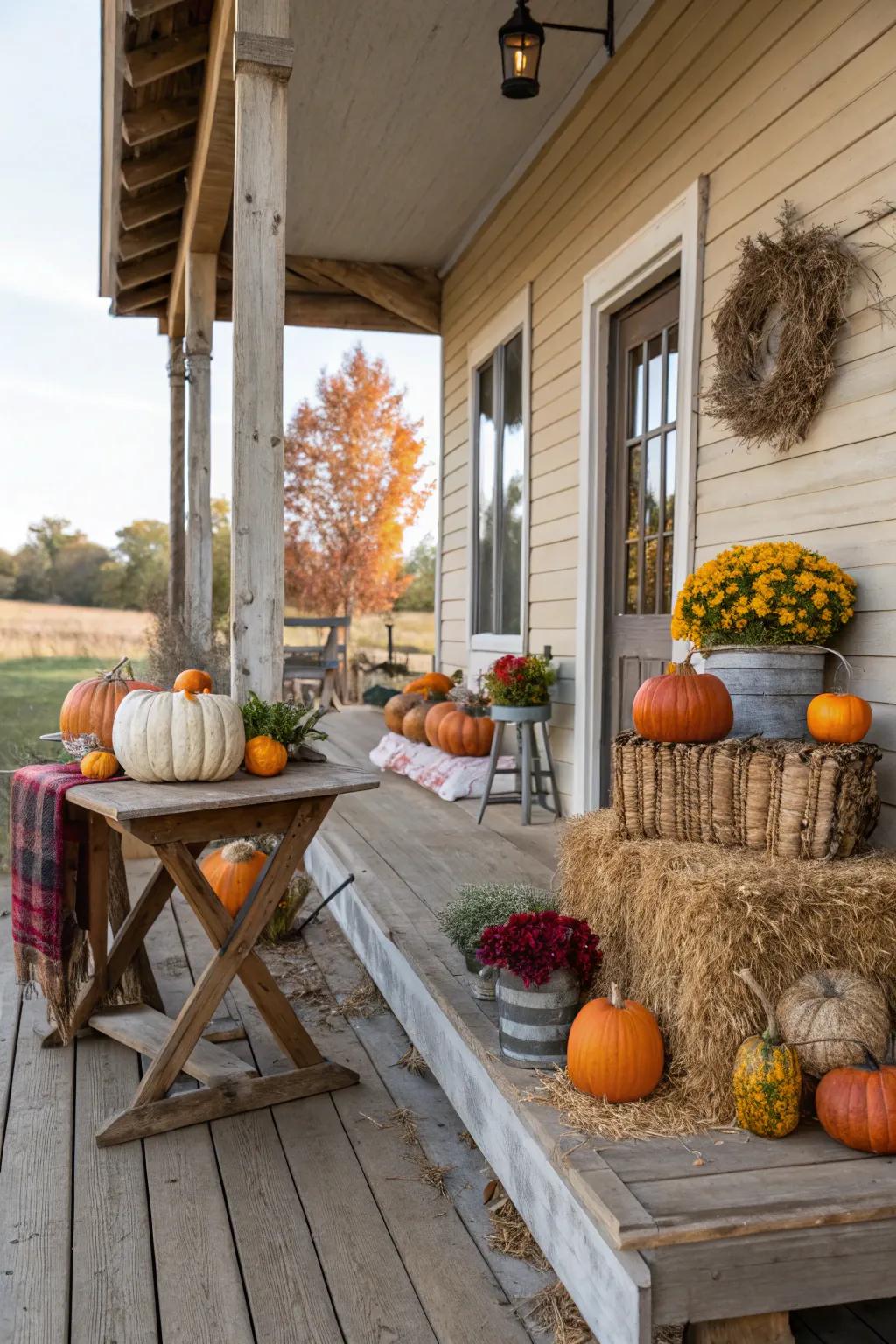A country table serves as a focal point on this farmhouse porch.