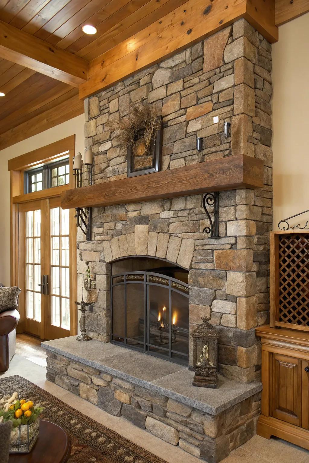 Mixed materials create a textured and dynamic appearance for this fireplace.