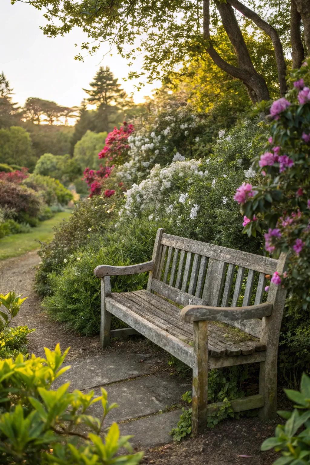 A down-to-earth bench calls for relaxation amidst a garden backdrop.