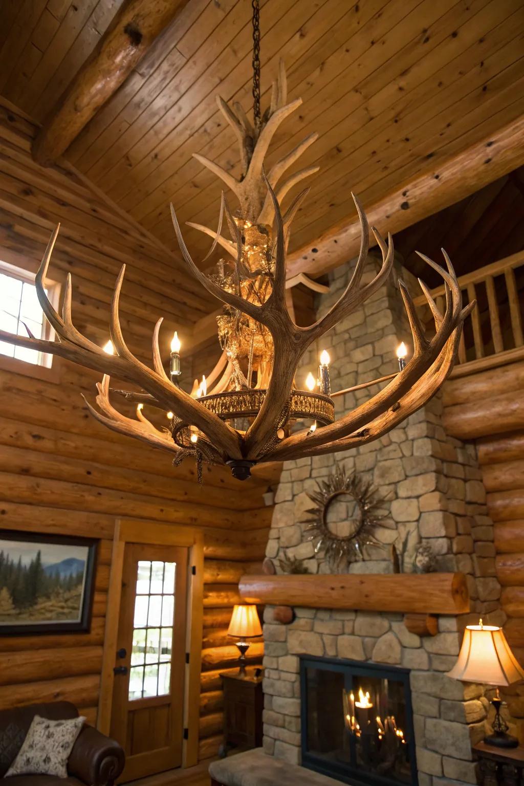 Antler-inspired illumination contributes a singular charm to this countryside cabin.