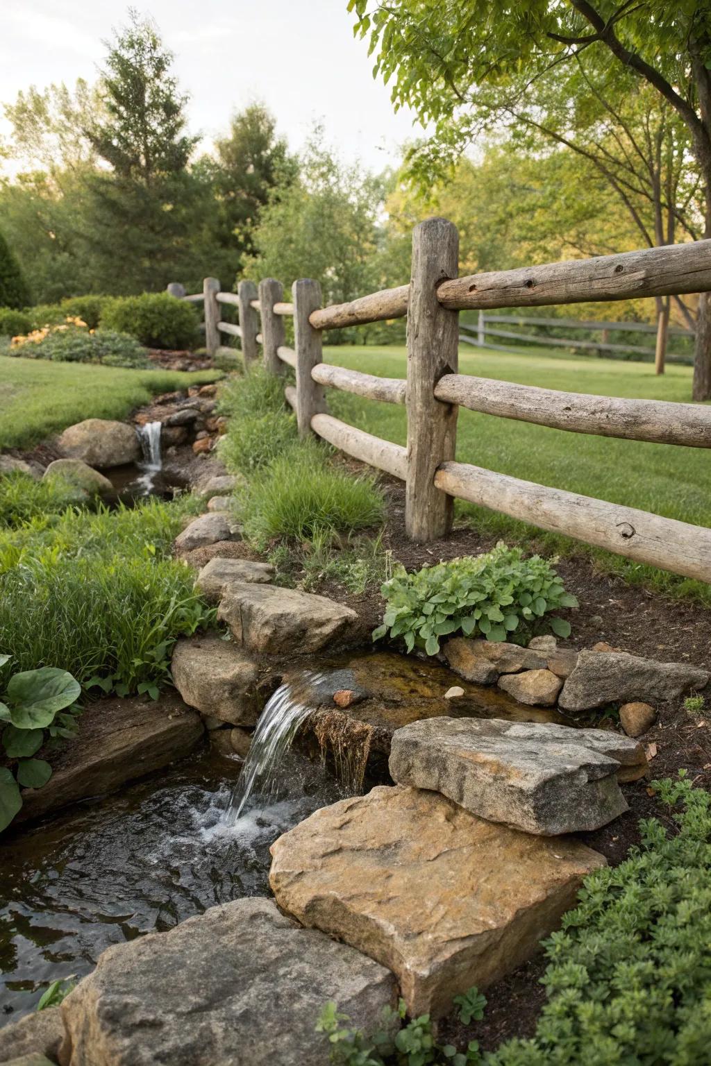 A log fence gracefully includes a waterfall feature, enhancing the garden's tranquility.