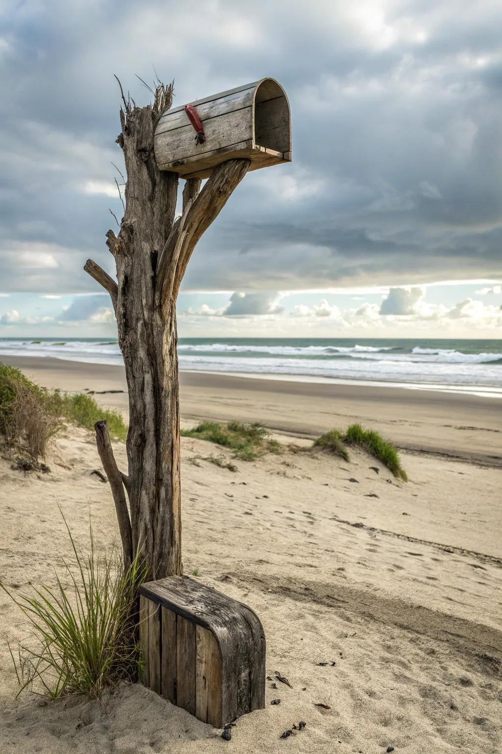 A driftwood creation adds eccentric artistry to this mailbox support.