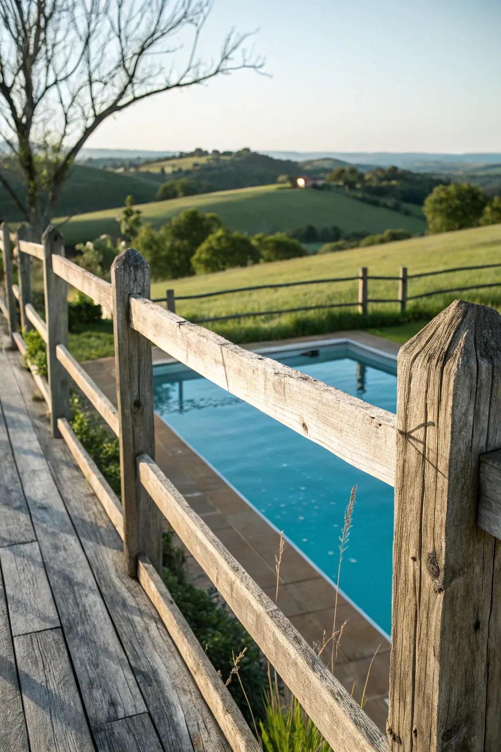 Barnwood fencing crafting a cozy, nostalgic poolside atmosphere.