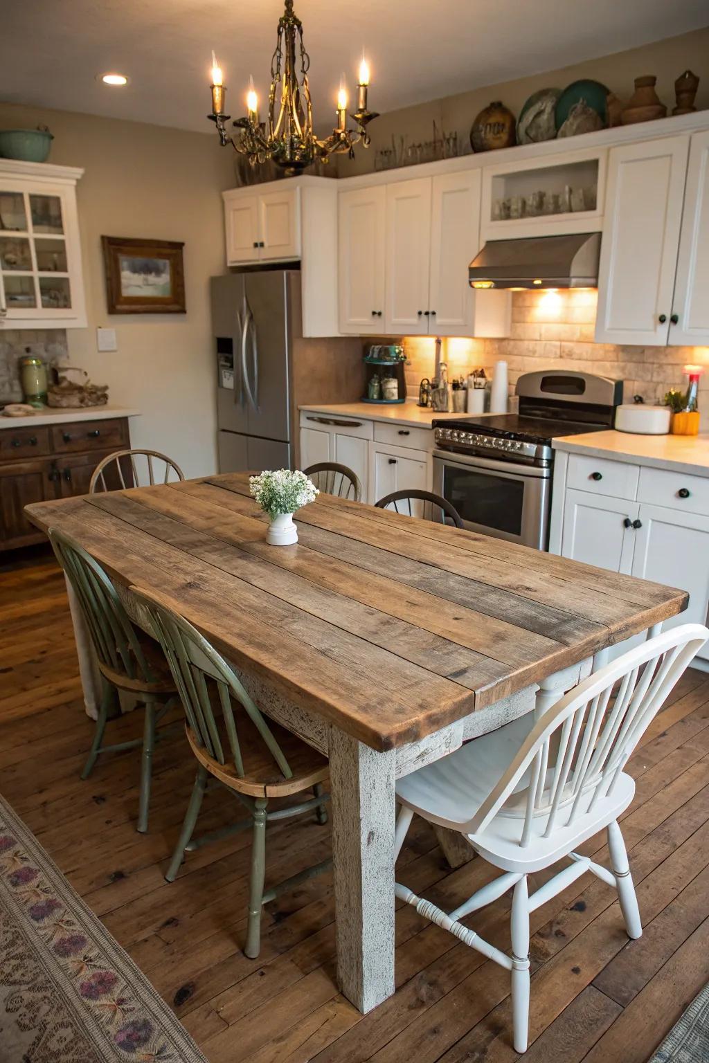 A reclaimed wood table infuses a farmhouse kitchen with history and warmth.