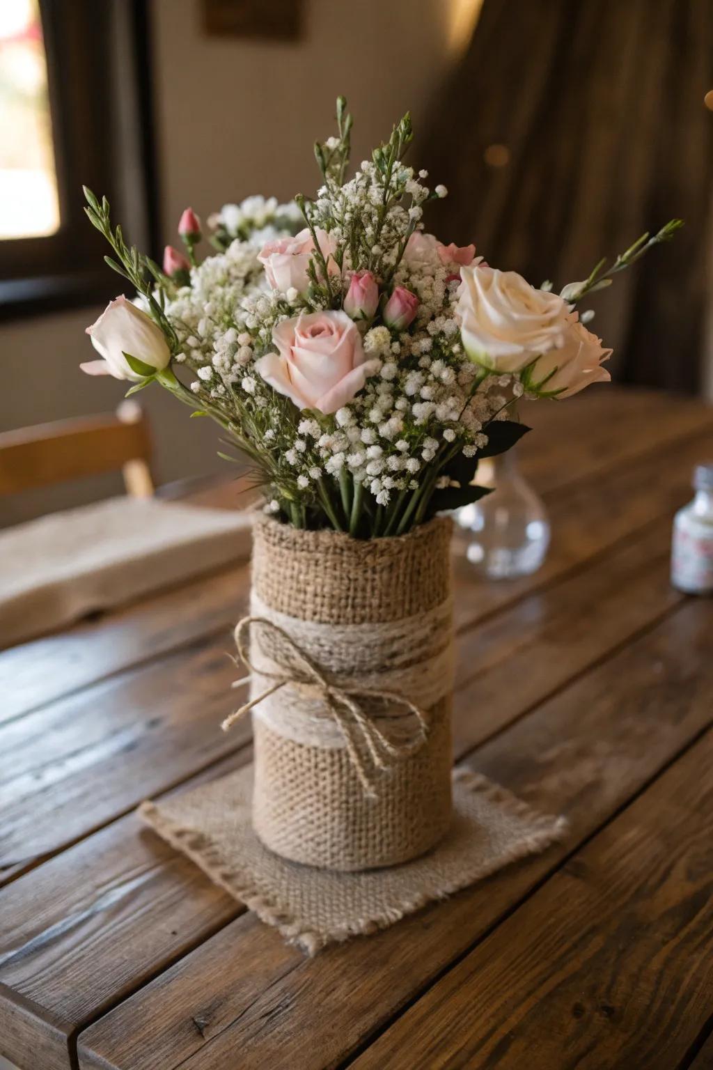 Hemp enclosed vases include feel and countryside attraction.