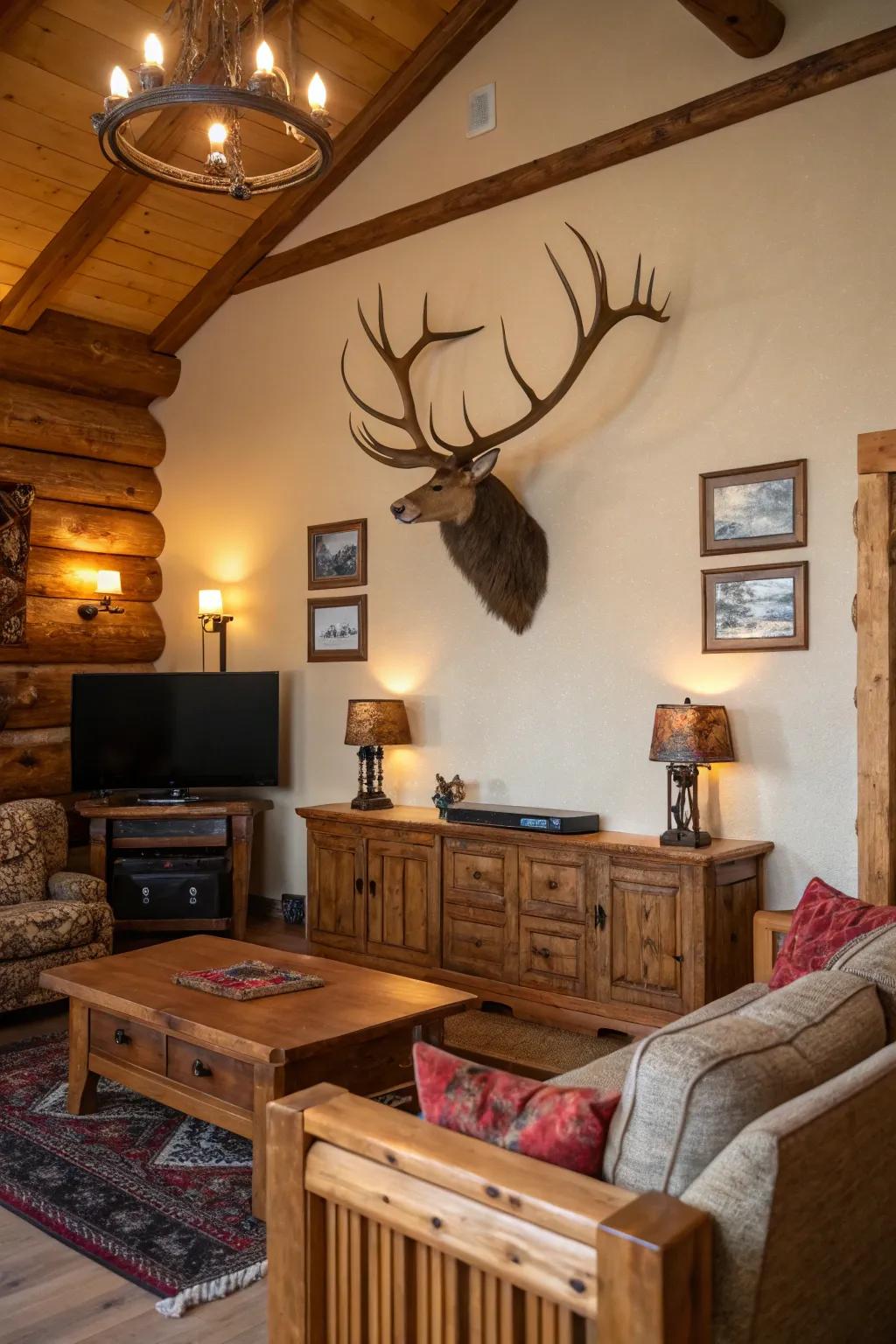 A faux antler wall mount serves as a striking statement piece in country-inspired decor.