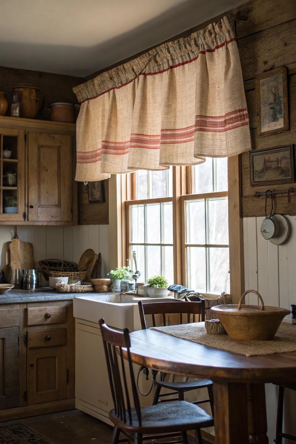 A farmhouse-style cooking area featuring a valance crafted from a vintage feed sack, adding country charm.
